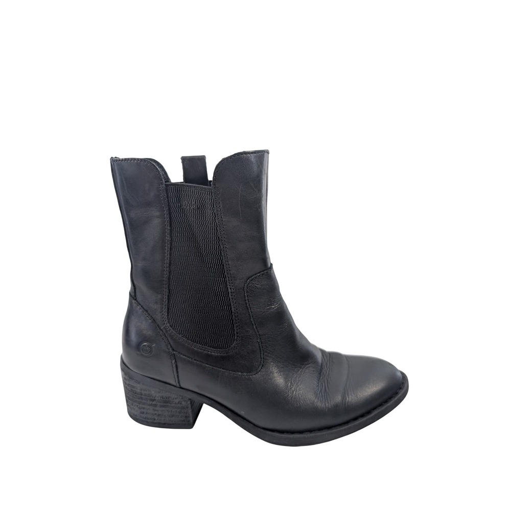 Born Black Leather High Ankle Boots Block Heel F52303 Womens 7.5M